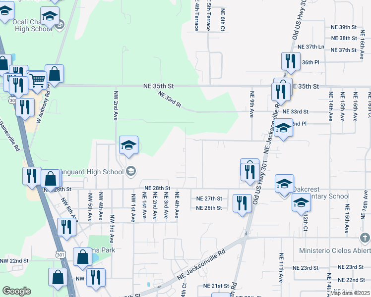 map of restaurants, bars, coffee shops, grocery stores, and more near 3085 Northeast 4th Court in Ocala