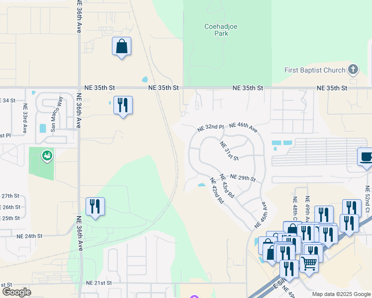 map of restaurants, bars, coffee shops, grocery stores, and more near Northeast 31st Street in Ocala