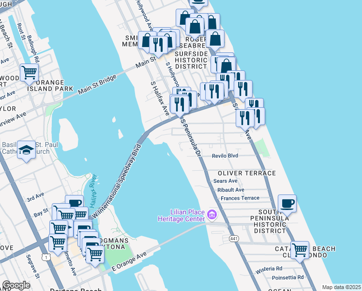 map of restaurants, bars, coffee shops, grocery stores, and more near 110 Braddock Avenue in Daytona Beach