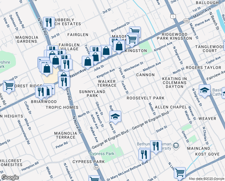 map of restaurants, bars, coffee shops, grocery stores, and more near 633 Florence Street in Daytona Beach