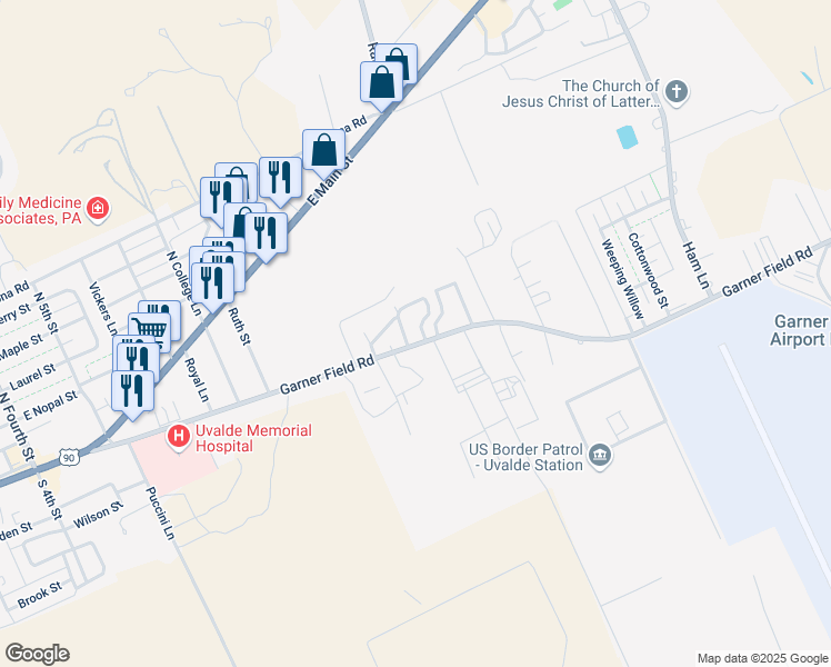 map of restaurants, bars, coffee shops, grocery stores, and more near 1518 Garner Field Road in Uvalde