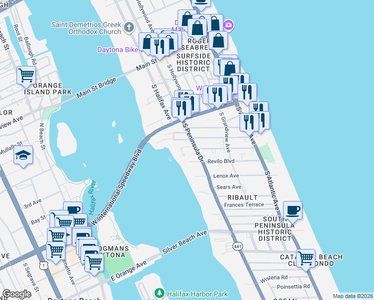 map of restaurants, bars, coffee shops, grocery stores, and more near 110 Braddock Avenue in Daytona Beach