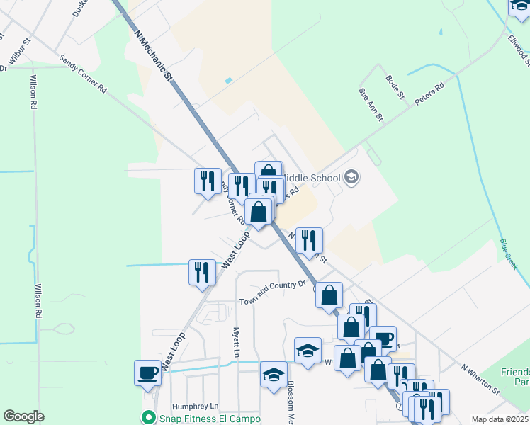 map of restaurants, bars, coffee shops, grocery stores, and more near 4010 Farm to Market Road 2765 in El Campo