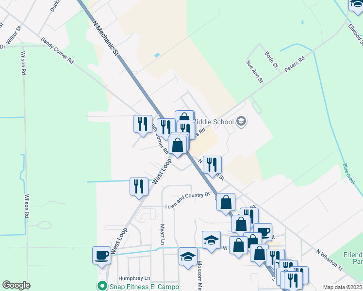 map of restaurants, bars, coffee shops, grocery stores, and more near 4010 Farm to Market Road 2765 in El Campo