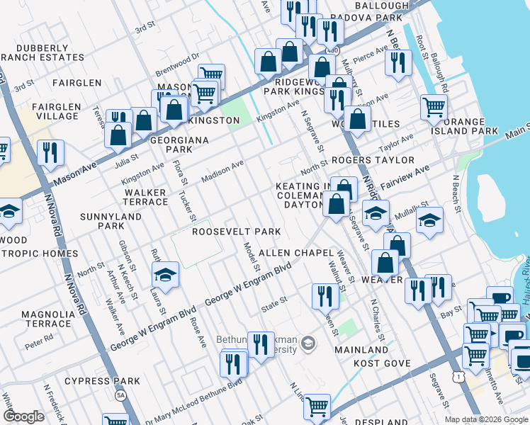 map of restaurants, bars, coffee shops, grocery stores, and more near 530 Washington Street in Daytona Beach