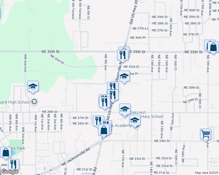 map of restaurants, bars, coffee shops, grocery stores, and more near 852 Northeast 31st Street in Ocala