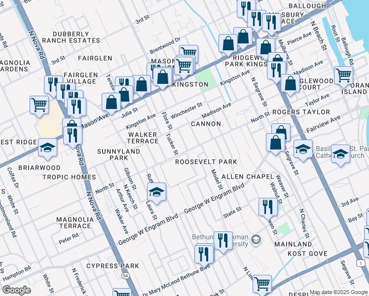 map of restaurants, bars, coffee shops, grocery stores, and more near 600 Byron Avenue in Daytona Beach