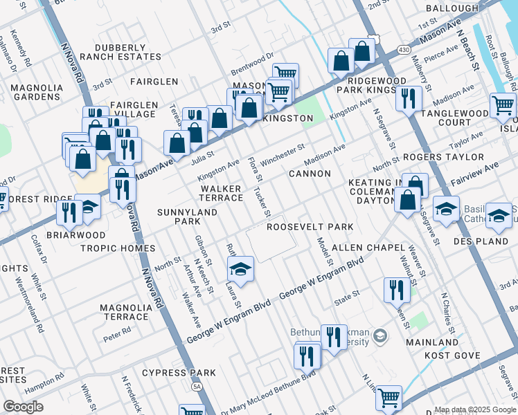 map of restaurants, bars, coffee shops, grocery stores, and more near 618 Tucker Street in Daytona Beach
