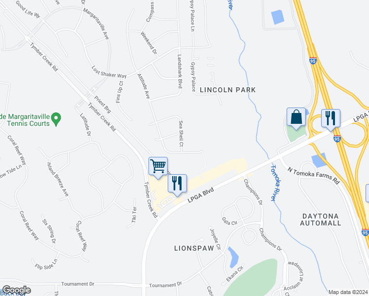 map of restaurants, bars, coffee shops, grocery stores, and more near 1004 Seashell Court in Daytona Beach