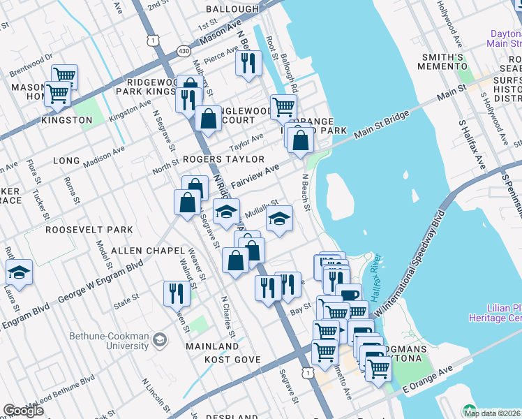map of restaurants, bars, coffee shops, grocery stores, and more near 212 Mullally Street in Daytona Beach
