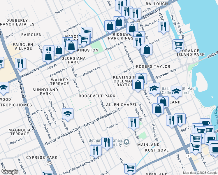 map of restaurants, bars, coffee shops, grocery stores, and more near 535 Cannon Street in Daytona Beach