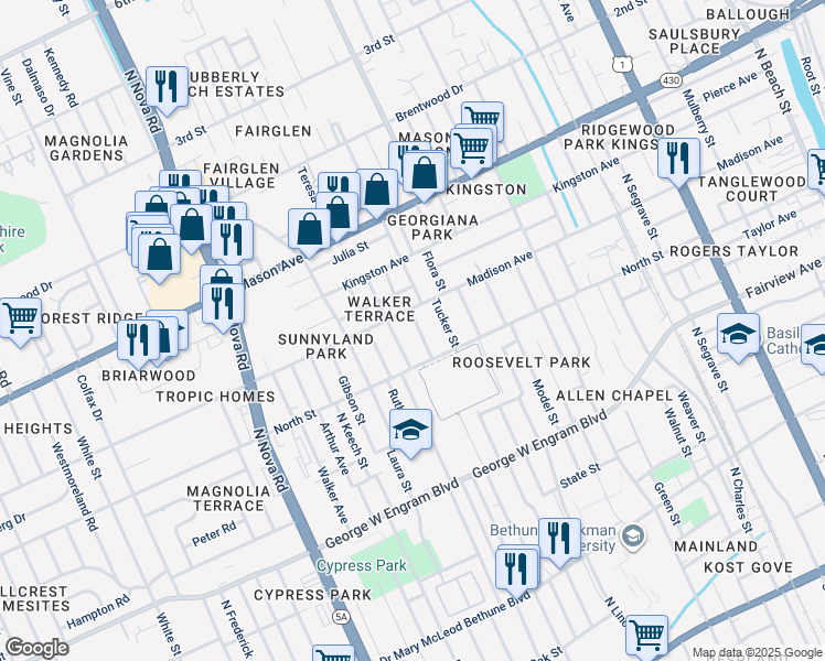 map of restaurants, bars, coffee shops, grocery stores, and more near 633 Florence Street in Daytona Beach