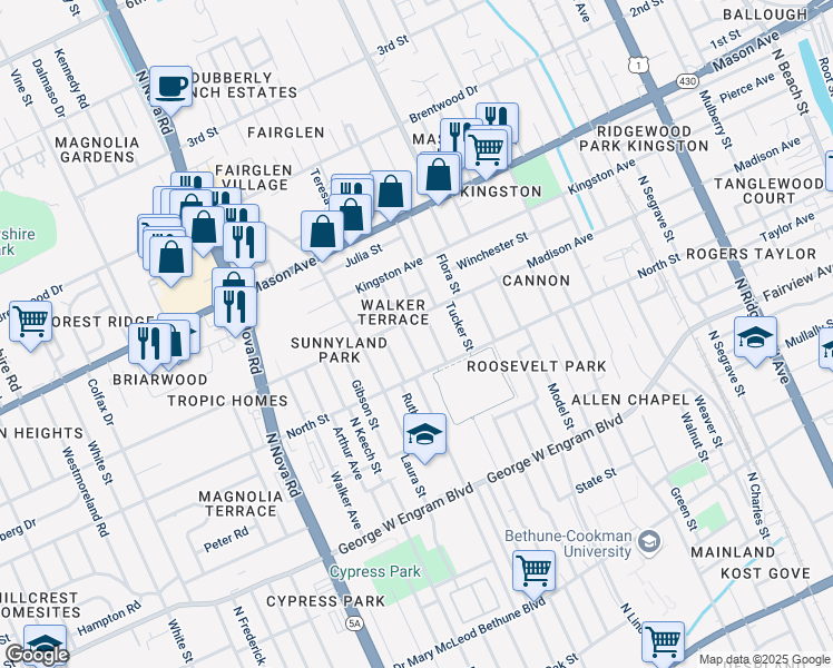 map of restaurants, bars, coffee shops, grocery stores, and more near 633 Florence Street in Daytona Beach
