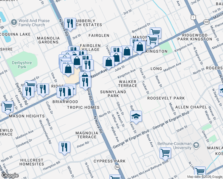 map of restaurants, bars, coffee shops, grocery stores, and more near 911 Winchester Street in Daytona Beach
