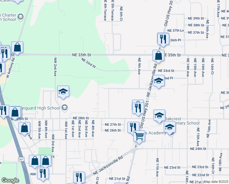 map of restaurants, bars, coffee shops, grocery stores, and more near 652 Northeast 31st Street in Ocala