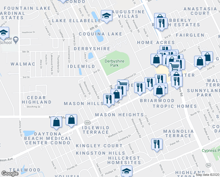 map of restaurants, bars, coffee shops, grocery stores, and more near 824 Derbyshire Road in Daytona Beach