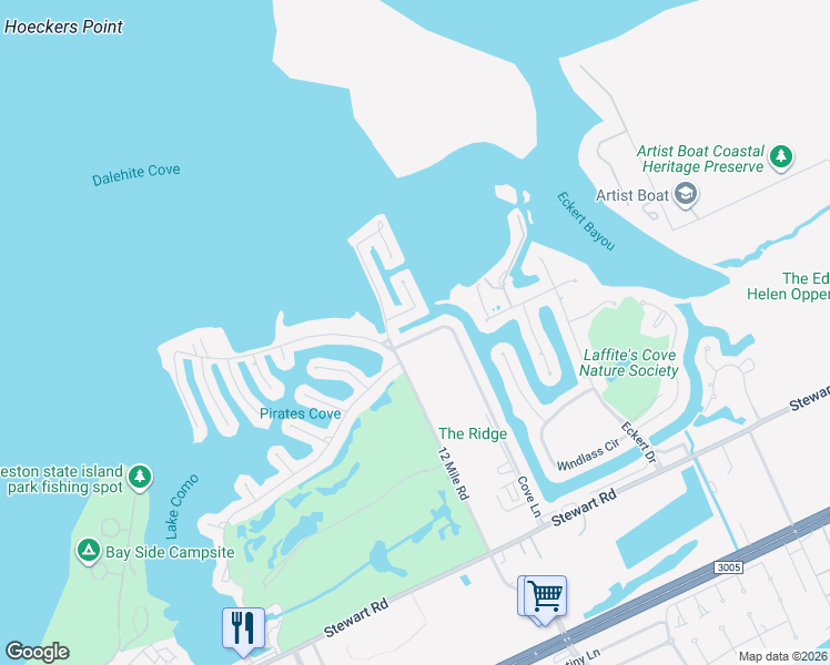 map of restaurants, bars, coffee shops, grocery stores, and more near 13812 Doubloon Avenue in Galveston