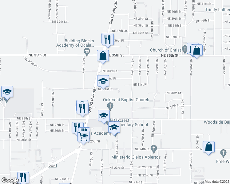 map of restaurants, bars, coffee shops, grocery stores, and more near 1216 Northeast 31st Street in Ocala