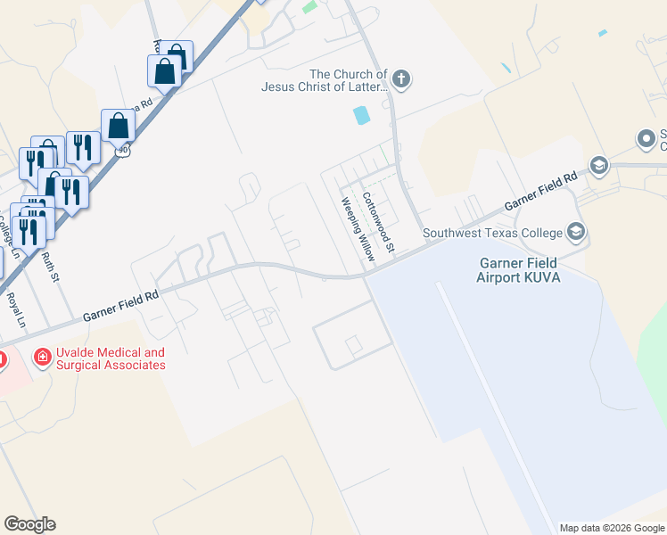 map of restaurants, bars, coffee shops, grocery stores, and more near 501-599 Country Ln in Uvalde
