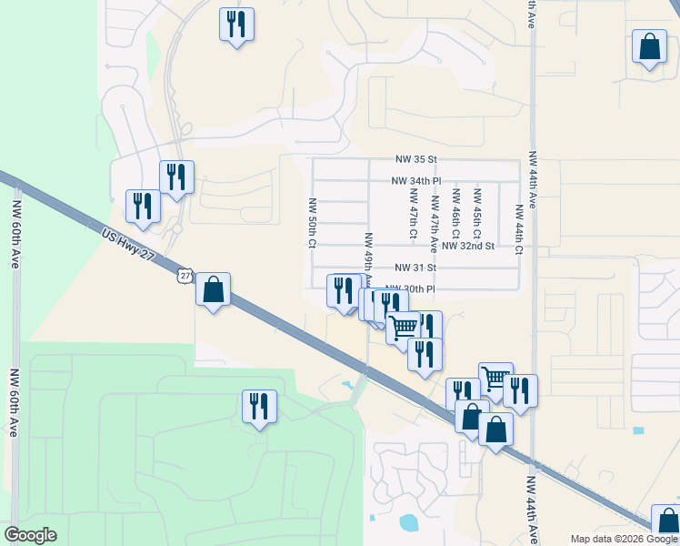 map of restaurants, bars, coffee shops, grocery stores, and more near 4992 Northwest 31 Street in Ocala