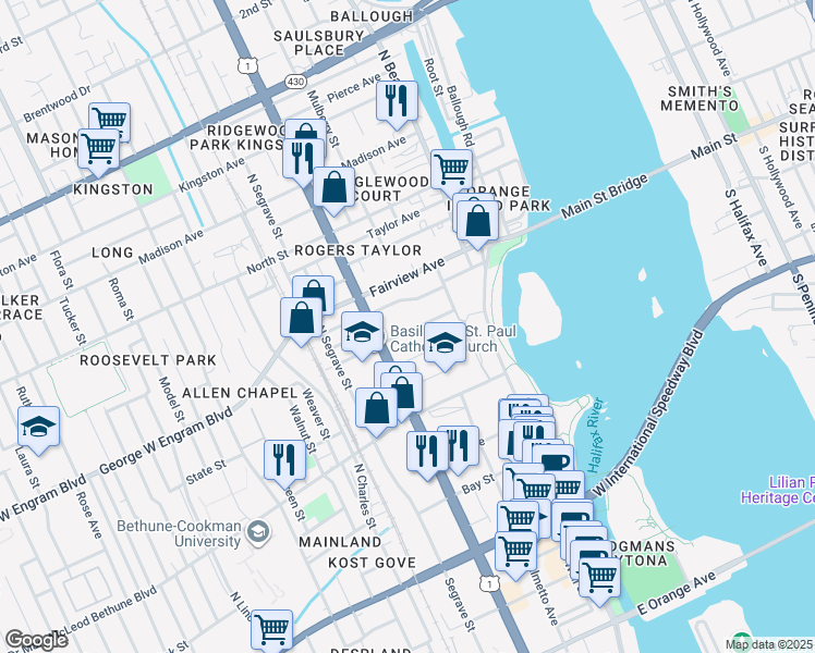 map of restaurants, bars, coffee shops, grocery stores, and more near 212 Mullally Street in Daytona Beach