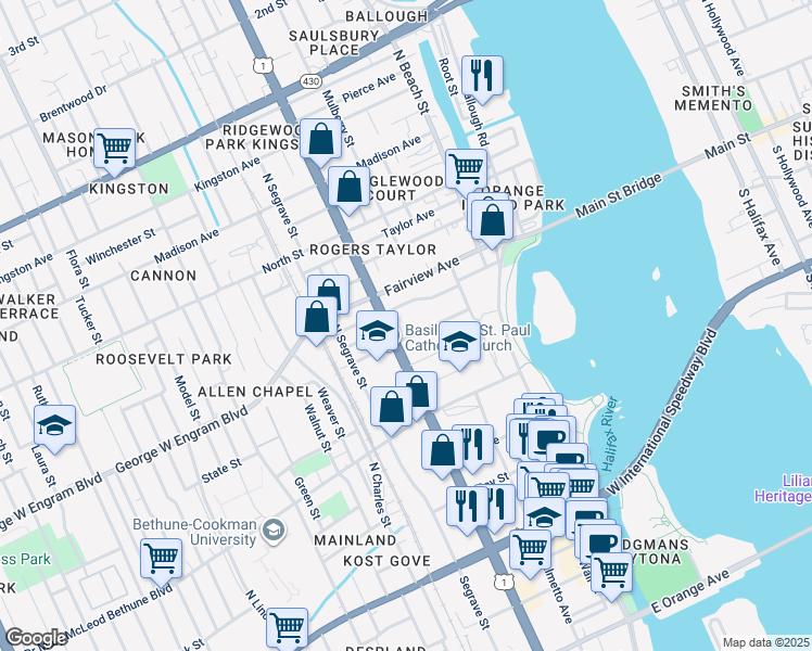 map of restaurants, bars, coffee shops, grocery stores, and more near 212 Mullally Street in Daytona Beach