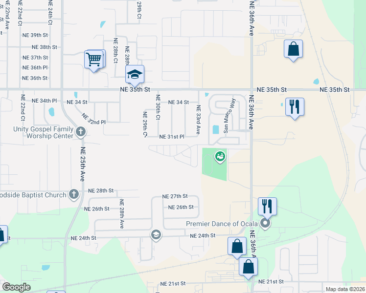 map of restaurants, bars, coffee shops, grocery stores, and more near 3204 Northeast 31st Place in Ocala