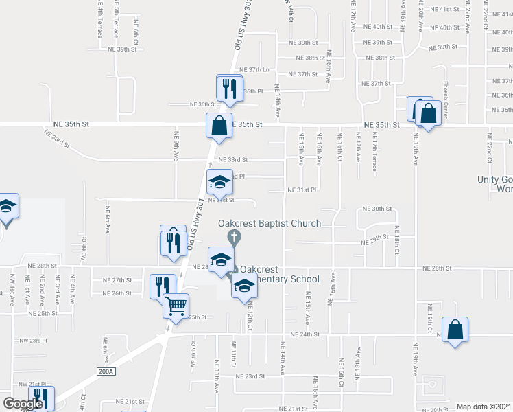 map of restaurants, bars, coffee shops, grocery stores, and more near 1216 Northeast 31st Street in Ocala