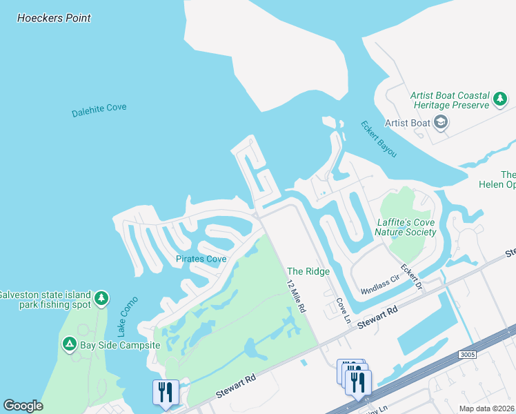 map of restaurants, bars, coffee shops, grocery stores, and more near 3236 Carthegena Way in Galveston