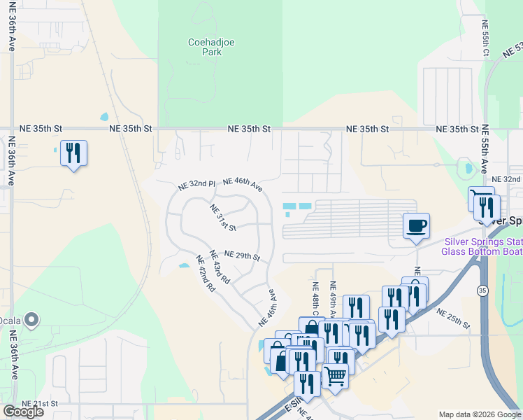 map of restaurants, bars, coffee shops, grocery stores, and more near NE 46th Ave in Ocala