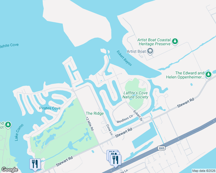 map of restaurants, bars, coffee shops, grocery stores, and more near 3319 Lanyard Place in Galveston