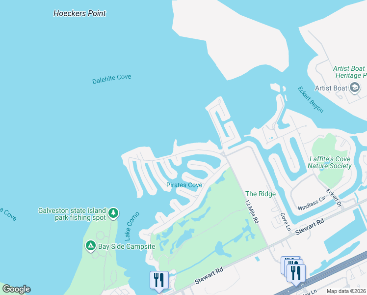 map of restaurants, bars, coffee shops, grocery stores, and more near 3420 Christmas Tree Point Road in Galveston