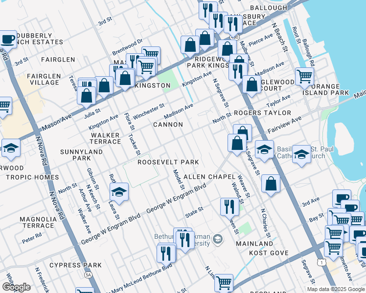 map of restaurants, bars, coffee shops, grocery stores, and more near 535 Cannon Street in Daytona Beach