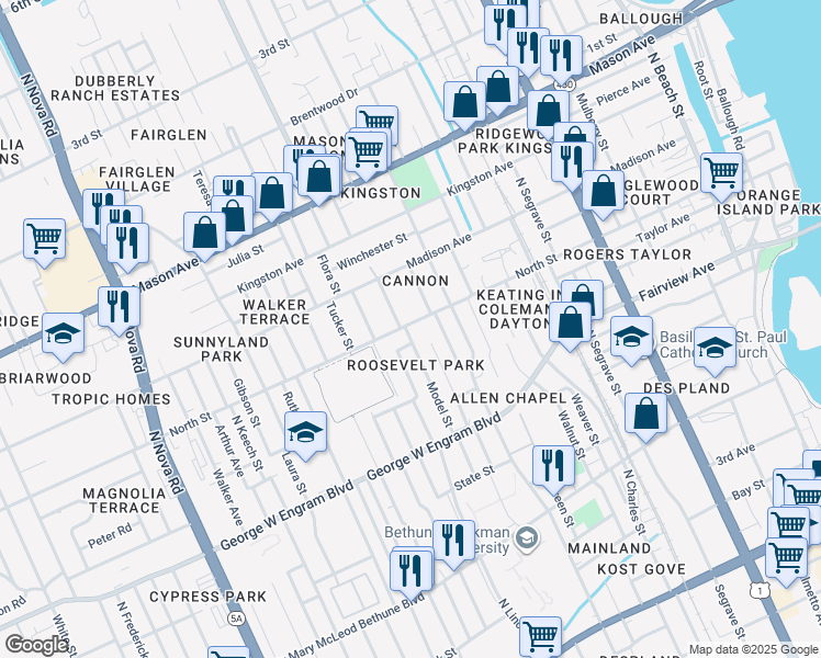 map of restaurants, bars, coffee shops, grocery stores, and more near 651 North Street in Daytona Beach
