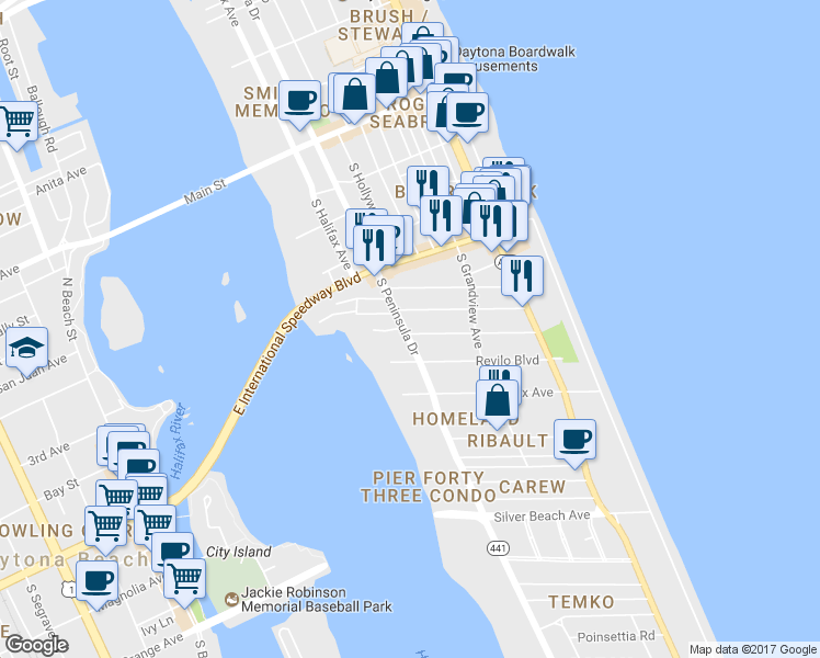 map of restaurants, bars, coffee shops, grocery stores, and more near 301 Braddock Avenue in Daytona Beach