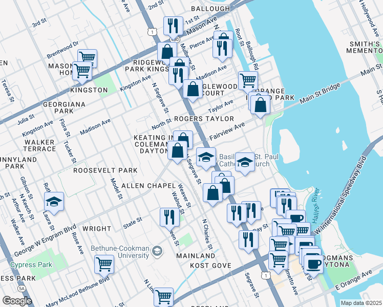 map of restaurants, bars, coffee shops, grocery stores, and more near 330 Michigan Avenue in Daytona Beach