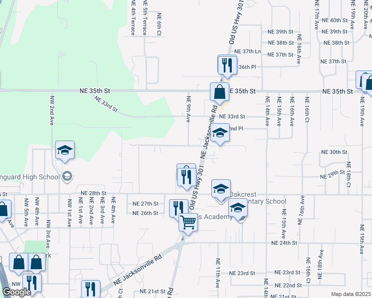 map of restaurants, bars, coffee shops, grocery stores, and more near 852 Northeast 31st Street in Ocala