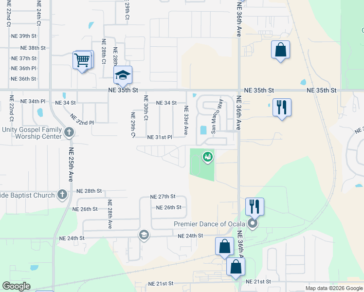 map of restaurants, bars, coffee shops, grocery stores, and more near 3256 Northeast 31st Place in Ocala