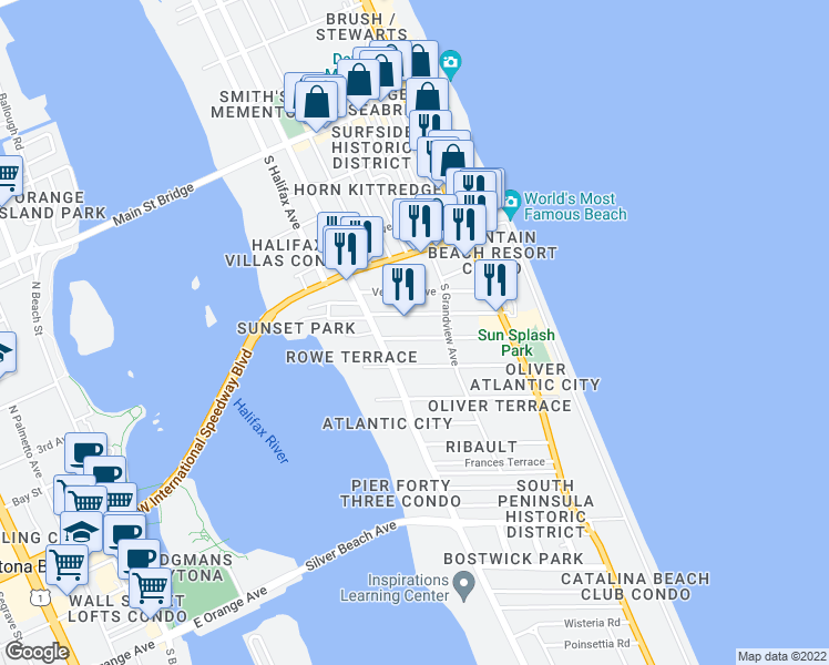 map of restaurants, bars, coffee shops, grocery stores, and more near 423 Braddock Avenue in Daytona Beach