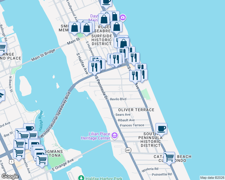 map of restaurants, bars, coffee shops, grocery stores, and more near 423 Braddock Avenue in Daytona Beach