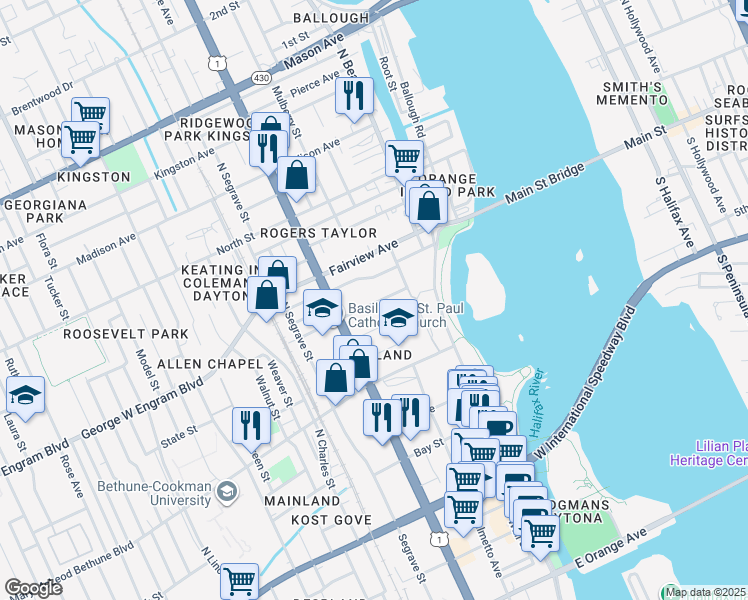 map of restaurants, bars, coffee shops, grocery stores, and more near 212 Mullally Street in Daytona Beach