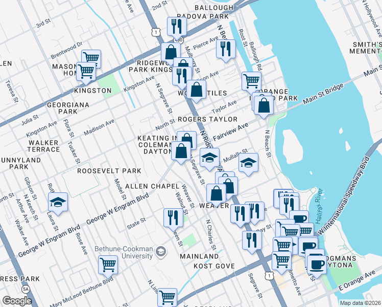 map of restaurants, bars, coffee shops, grocery stores, and more near 330 Michigan Avenue in Daytona Beach