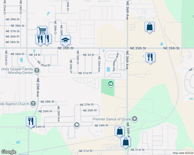 map of restaurants, bars, coffee shops, grocery stores, and more near 3256 Northeast 31st Place in Ocala