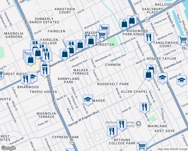 map of restaurants, bars, coffee shops, grocery stores, and more near 618 Tucker Street in Daytona Beach