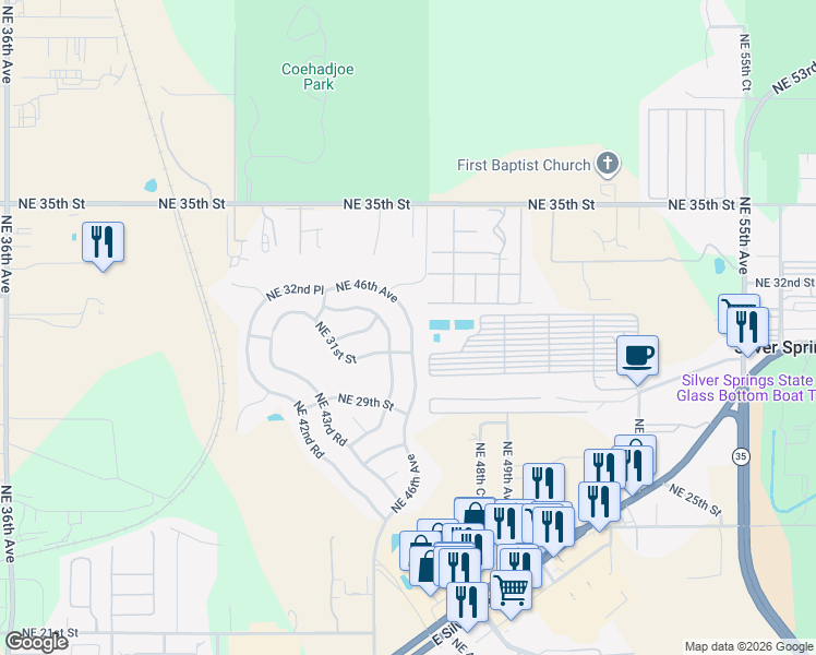 map of restaurants, bars, coffee shops, grocery stores, and more near NE 46th Ave in Ocala