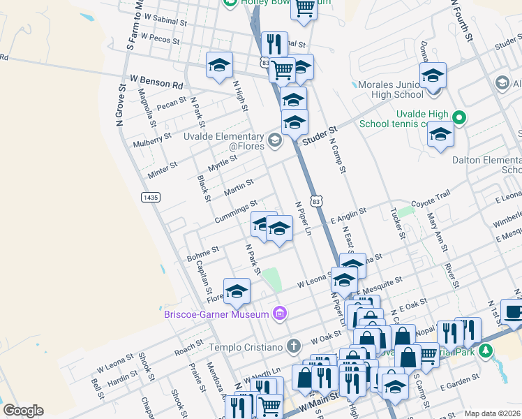 map of restaurants, bars, coffee shops, grocery stores, and more near 221 Cummings Street in Uvalde