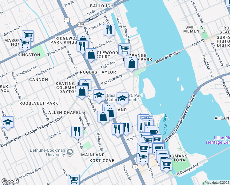 map of restaurants, bars, coffee shops, grocery stores, and more near 212 Mullally Street in Daytona Beach