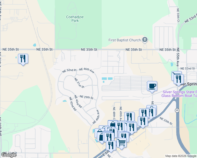 map of restaurants, bars, coffee shops, grocery stores, and more near NE 46th Ave in Ocala