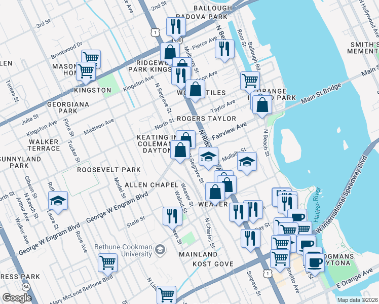 map of restaurants, bars, coffee shops, grocery stores, and more near 330 Michigan Avenue in Daytona Beach