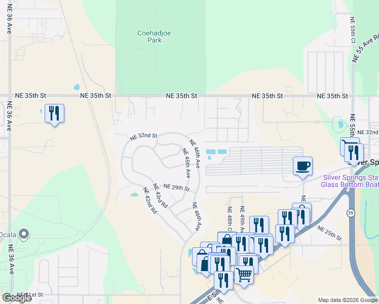 map of restaurants, bars, coffee shops, grocery stores, and more near NE 46th Ave in Ocala
